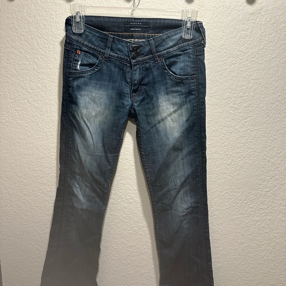 Vintage Y2K Hudson Low Rise Flare Jeans 2000s Distressed Dark Wash Denim - Sz 27 - Picture 3 of 16